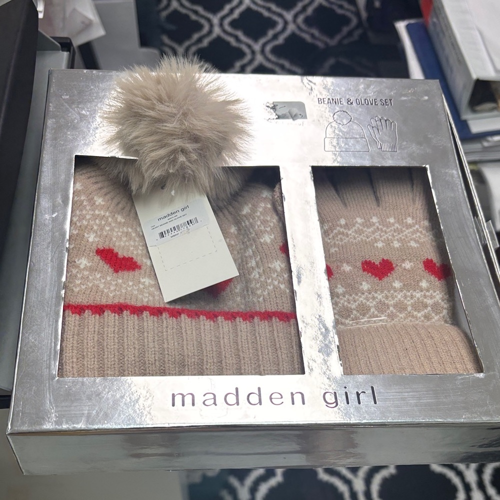 Madden Girl Beige Beanie and Glove Set with Red Hearts